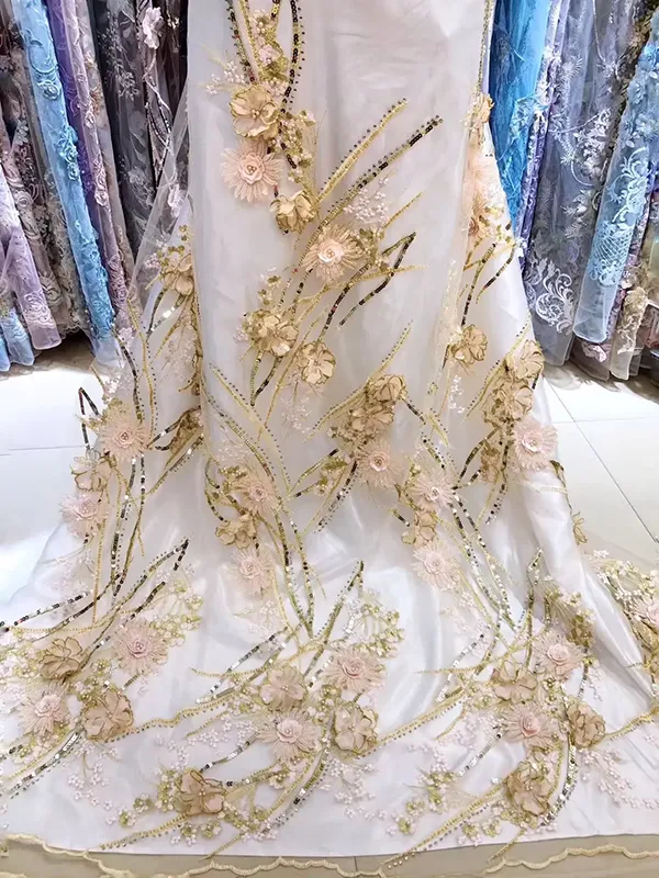 Custom High Quality Tulle Mesh Embroidery Sequin Fabric Guipure Lace Fabric