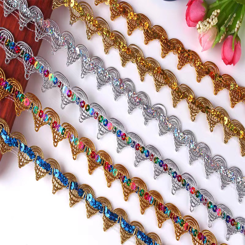 Clothing Accessories Gold and Silver Metallic Border Lace Trim Multicolor Sequin Gold Thread Metallic Lace Trim